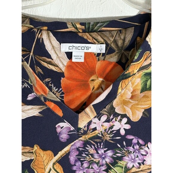 Chicos Black Fall Floral Cotton 3/4 Sleeve V-Neck Stretch Sz 1 Womens Medium - Picture 7 of 9
